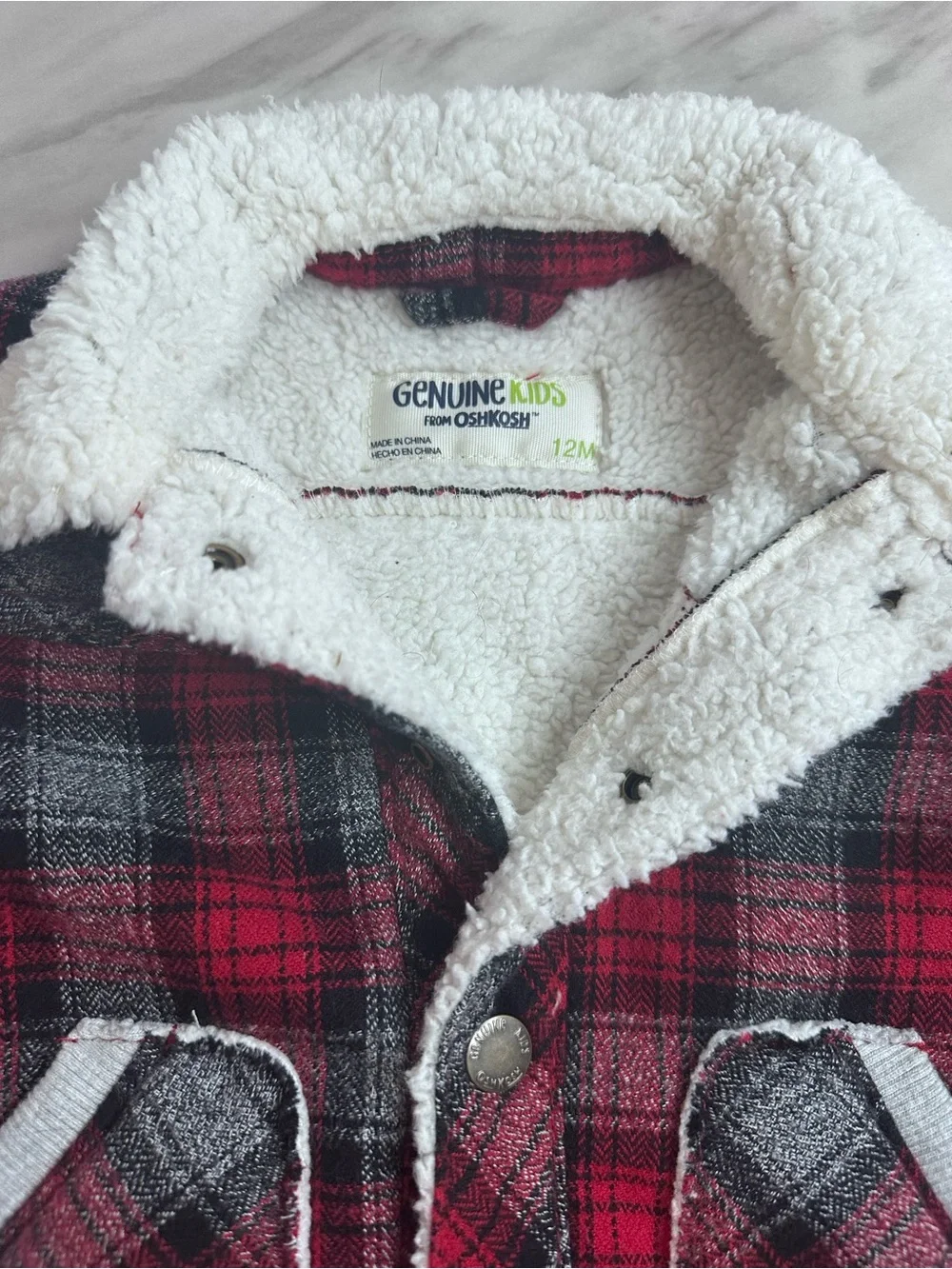 OshKosh B'gosh Red and Gray Plaid Sherpa Collar Jacket